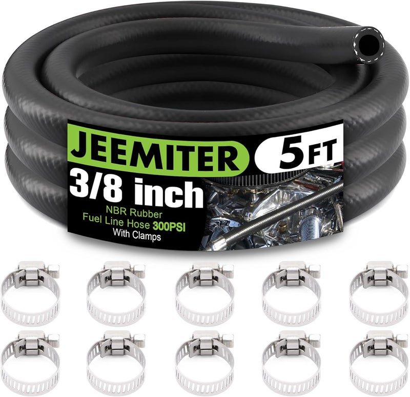 Jeemiter 3/8" ID Fuel Line Hose 5FT - SAE 30R7 Replacement Kit with 10 Clamps for Gas, Oil, Coolant - Fits Small Engines, Tractors, Automotive & Marine Use - Image 1